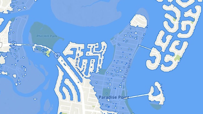 Gold Coast Council mapping showing projected flood levels from Cyclone Alfred. Paradise Point. Sovereign and Ephraim Islands