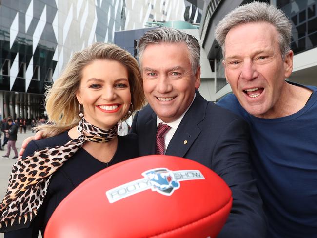 <i>The Footy Show</i> talent Rebecca Maddern, Eddie McGuire and Sam Newman. Picture: Alex Coppel