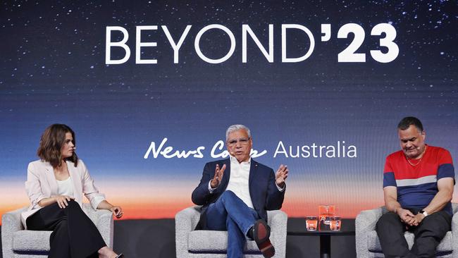 Hannah Hollis, Mr Mundine and Anthony Dillon discuss the Voice to Parliament. Picture: Sam Ruttyn