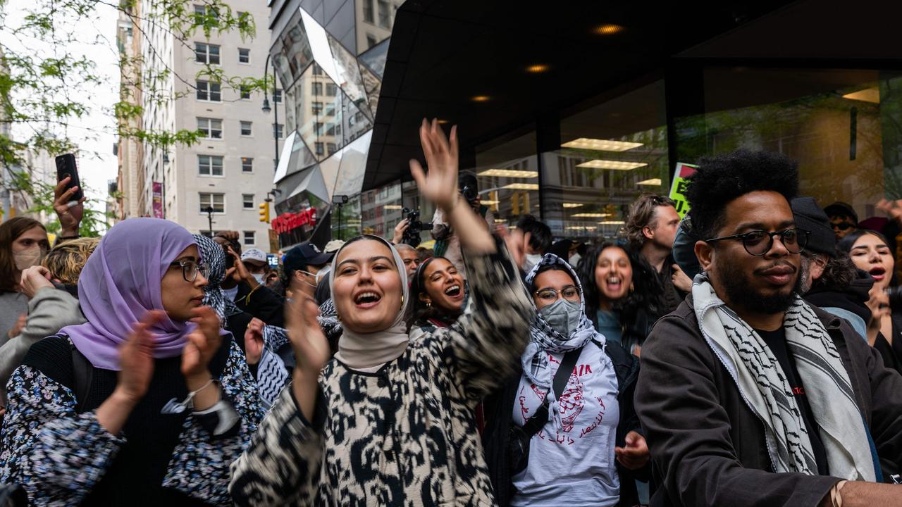 Pro Palestinian protesters gather outside of New York University (NYU) buildings in lower Manhattan as they continue an ongoing demonstration against their schools investments and the administrations views on Israel. Picture: AFP