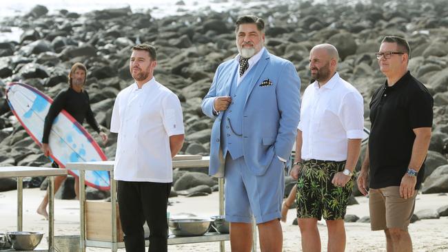 The cast of MasterChef filming at Burleigh Heads beach. Picture Glenn Hampson