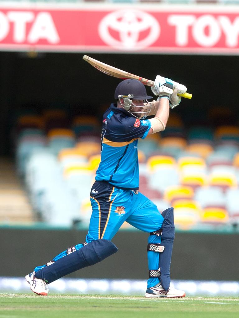 Kevin Chapman in action for the Gold Coast Thunder at the Bulls Masters Country Challenge Twenty20 cricket final at the Gabba on Sunday, January 19. Picture: Bob Jones