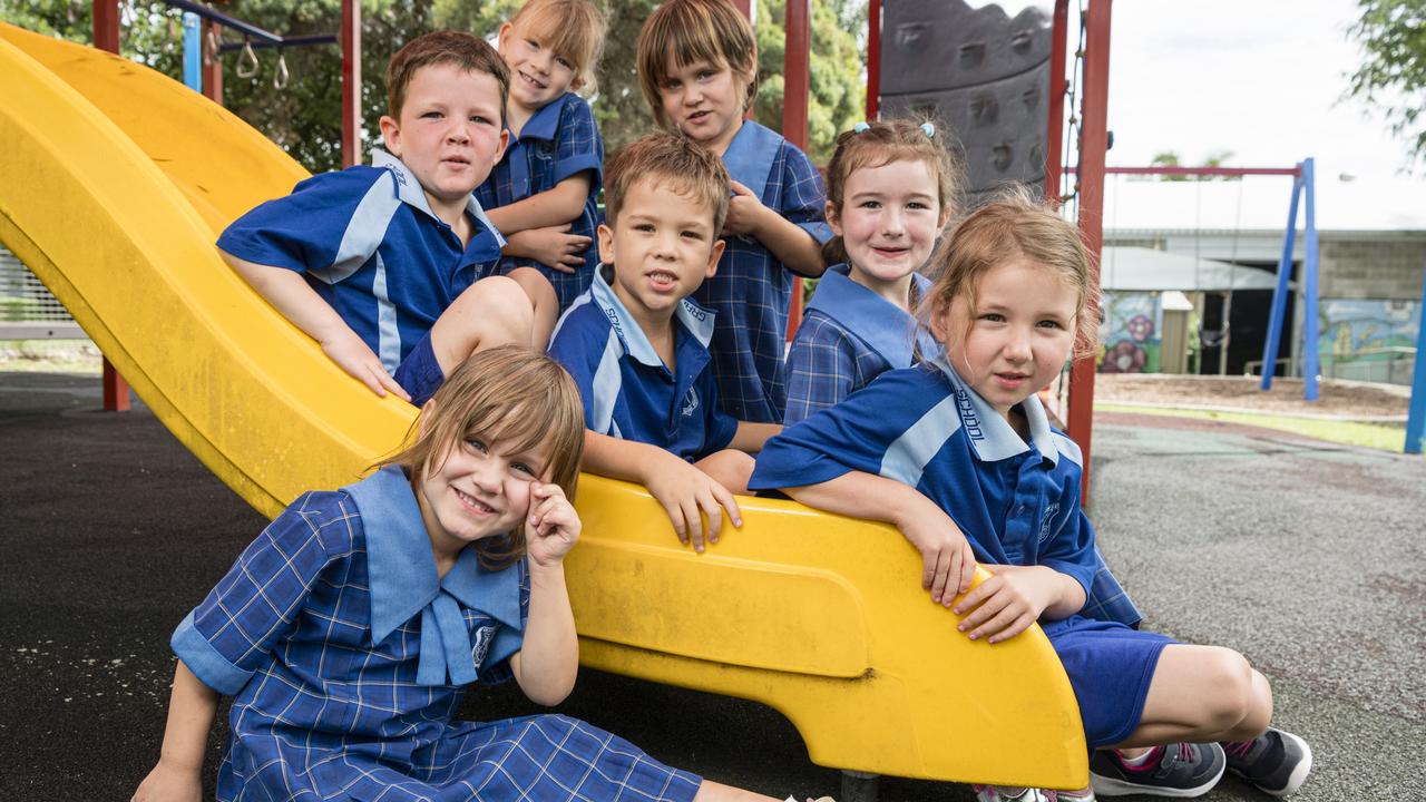 MY FIRST YEAR 2024: Grantham State School Prep students (from left) Bryce, Evie (front), Lilly, Elijah, Kaiann, Aurelia and Brooklyn, Wednesday, February 14, 2024. Picture: Kevin Farmer