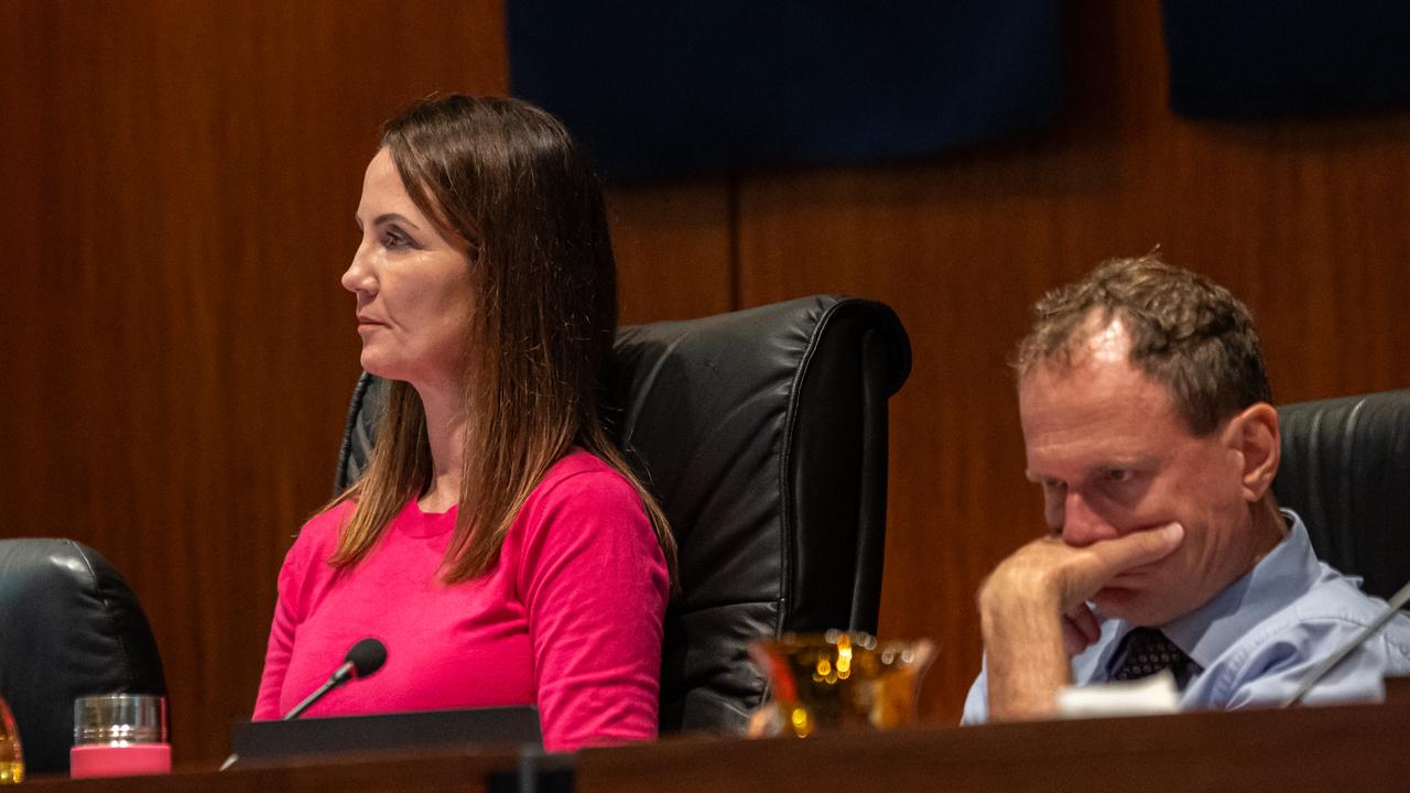 Cairns Regional Council Mayor Amy Eden and CEO John Andrejic during Wednesday’s ordinary council meeting. The meeting was Mr Andrejic’s first as interim CEO.