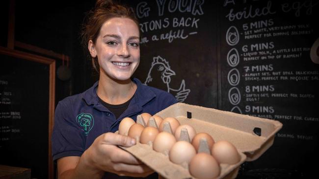 Mollie Duffy from The Happy Little Clucker at Adelaide Central Market. Picture: Emma Brasier