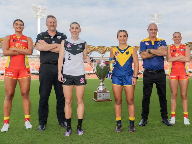 Suns player Darcie Davies (former Southport), Southport coach Peter Doherty, Southport captain Rianna Schipp, Bond University captain Courtney Sexton, Bond coach Andy Lovell and Suns player Sienna McMullen (former Bond) ahead of the 2024 QAFLW grand final. Picture: Cavan Flynn Bond Uni.