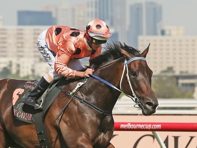 MELBOURNE, AUSTRALIA - FEBRUARY 16:  Jockey Luke Nolen riding Black Caviar wins race 7 the Black Caviar Lightning Stakes during Lightning Stakes Day at Flemington Racecourse on February 16, 2013 in Melbourne, Australia.  (Photo by Scott Barbour/Getty Images for the VRC)