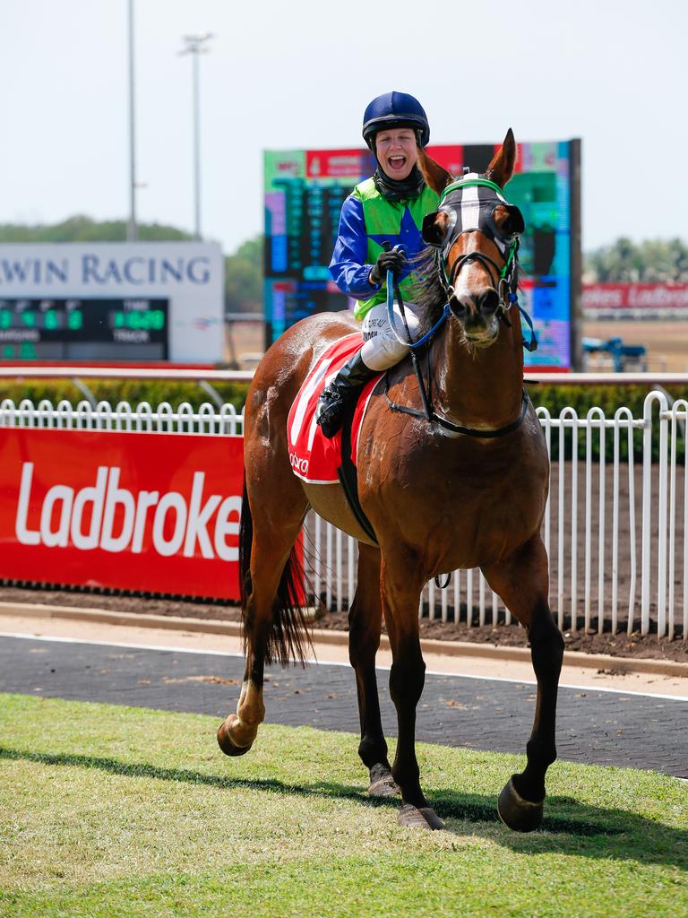 Jockey Alice Lindsay on Art Of More takes out the 1300m Ladbrokes Handicap. Picture: GLENN CAMPBELL