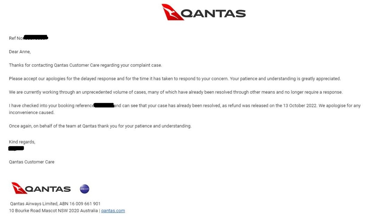 Anne Brophy received an email from Qantas saying her ‘case has been resolved’ as a refund had been made – however she never received it. Picture: Supplied