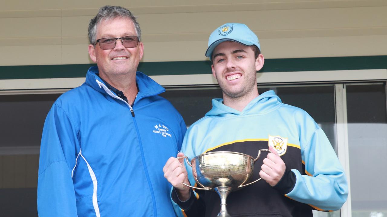 Western Districts cricket captain Luke Neale accepts the trophy after his side won the 2024 TCI two-day competition. Picture: Allyson Gardener.