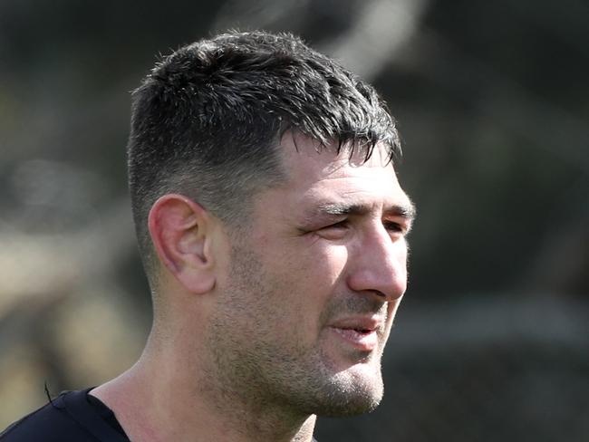Panthers players Sam McKendry and Tyrone May during a training session at the Panthers Rugby League Academy, ahead of their clash with the Sydney Roosters on Saturday. Picture: Jonathan Ng