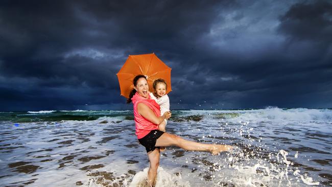 Donna McDowall on holidays from Melbourne with her 3-year-old daughter Chloe at Main Beach on the Gold Coast. Picture: NIGEL HALLETT