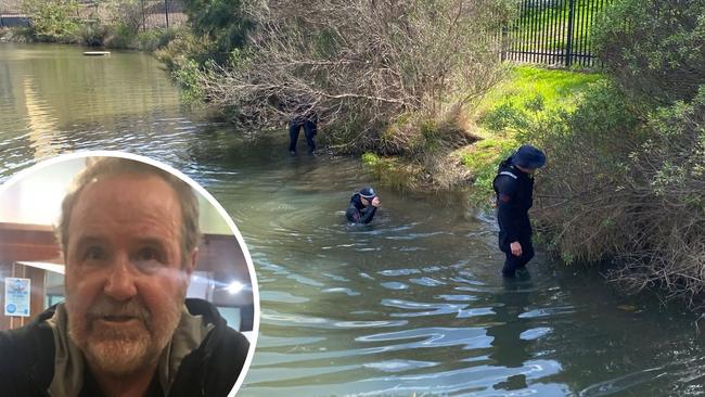 Missing man Geoffrey McLean inset, and police searching the water.