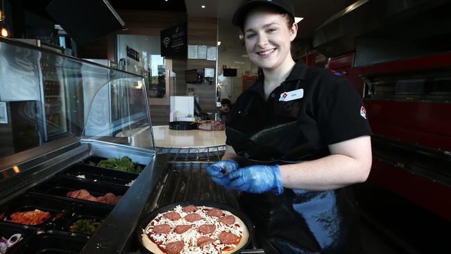 News Corp's 5000 Jobs in 50 Days campaign has doubled its target, reaching a bit over 10,000 jobs. Domino's has pushed the tally over with 2500 jobs immediately available. Here Katie Armstrong embarks on her first job at Domino's Hamilton. Picture: Adam Armstrong.