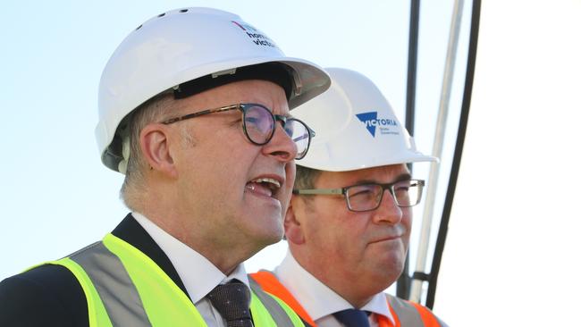 Anthony Albanese and Daniel Andrews tour a new public housing site in Melbourne, ahead of a national cabinet housing crisis meeting on Wednesday. Picture: David Crosling / NCA NewsWire