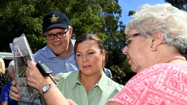 Prime Morrison Scott Morrison and wife Jenny Morrison speak to flood affected residents at Nepean Shores Lifestyle Community in Penrith, NSW on Saturday. Picture: NCA NewsWire/Bianca De Marchi