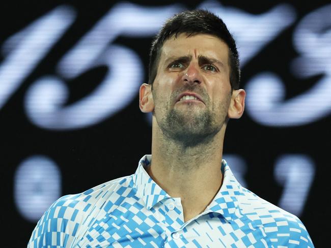 MELBOURNE, AUSTRALIA - JANUARY 29:  Novak Djokovic of Serbia shows his frustration during the Men's Singles Final match against Stefanos Tsitsipas of Greece during day 14 of the 2023 Australian Open at Melbourne Park on January 29, 2023 in Melbourne, Australia. (Photo by Clive Brunskill/Getty Images)