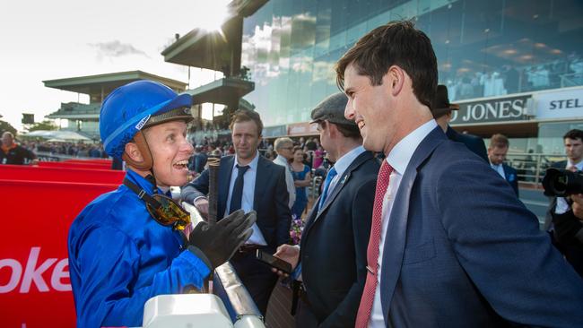 Kerrin McEvoy and James Cummings after the Schillaci Stakes. Picture: Jay Town