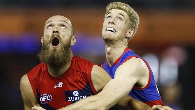 MELBOURNE, AUSTRALIA – MARCH 08: Max Gawn of the Demons and Tim English of the Bulldogs contest the ruck during the AFL Community Series match between the Western Bulldogs and the Melbourne Demons at Marvel Stadium on March 08, 2021 in Melbourne, Australia. (Photo by Daniel Pockett/Getty Images)