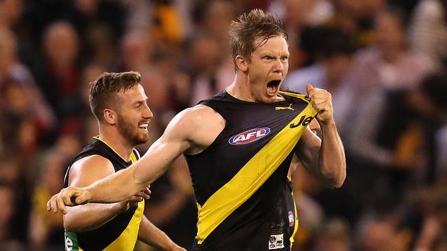 Jack Riewoldt lets out a roar after kicking his matchwinning sixth goal. Picture: Michael Klein