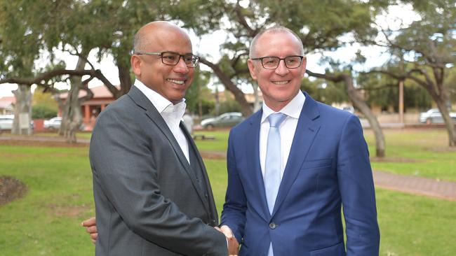 GFG Alliance executive chairman Sanjeev Gupta with then SA Premier Jay Weatherill marking the official handover of Arrium’s steel and mining operations across Australia to the GFG Alliance at the Whyalla steelworks in 2017. Picture: AAP Image/David Mariuz