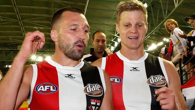 Jarryn Geary (left) and Nick Riewoldt celebrate a win earlier this year. Picture: Getty Images