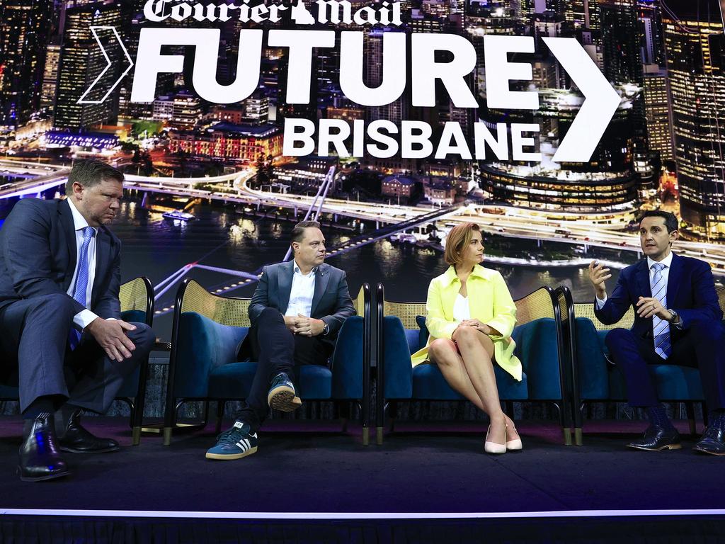 Courier-Mail Editor Chris Jones, Lord Mayor Adrian Schrinner, Sport Minister Anika Wells, and Premier David Crisafulli speaks at the Courier-Mail's annual Future Brisbane event. Picture: Adam Head