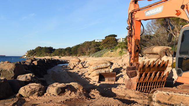 Work to replace a temporary sandbag wall at Portsea was branded an “ugly bandaid” Picture: Josie Hayden