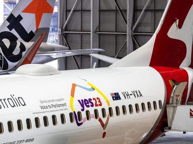 Qantas has unveiled its new livery on three aircraft, in support of the Voice to Parliament referendum. Picture: Qantas