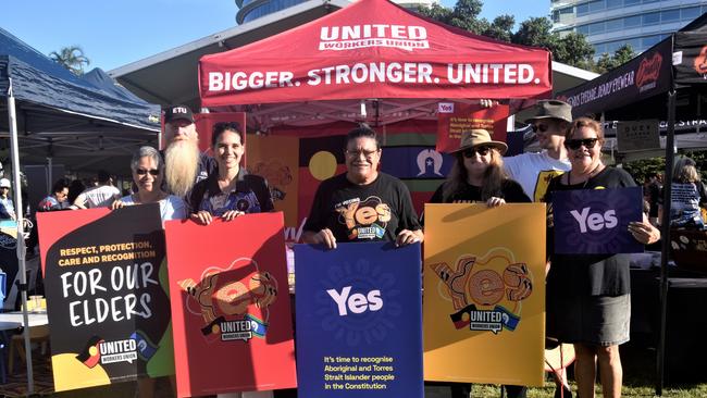 Erina Early, Strawbs Hayes, Mae Mae Morrison, Mitch Hart, Joanne Flanagan, Shannyn Flanagan and Jo Angeles were among thousands of Territorians who took part in the 2023 NAIDOC march in Darwin, which saw the highest number of marchers the Territory has seen. Picture: Sierra Haigh