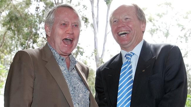 Philanthropist Chuck Feeney at the opening of the Australian Institute for Bioengineering and Nanotechnology at the University of Queensland in 2006, with then-Premier Peter Beattie. Picture: Glenn Barnes