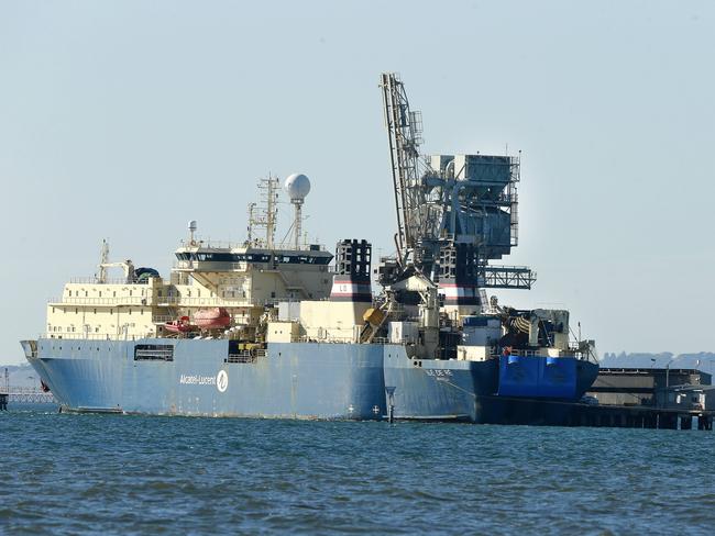 Basslink Repair Vessel Ile De Re in dock at Point Henry. Picture: Alison Wynd