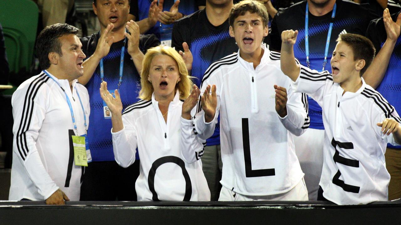 Novak Djokovic’s family Srdjan (father), Dijana (mother) and brothers Marko and Djordje support him at the Australian Open in 2008.