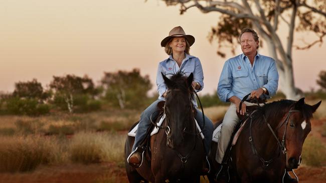 Andrew 'Twiggy' Forrest and wife Nicola on horseback at Minderoo. Picture: Supplied