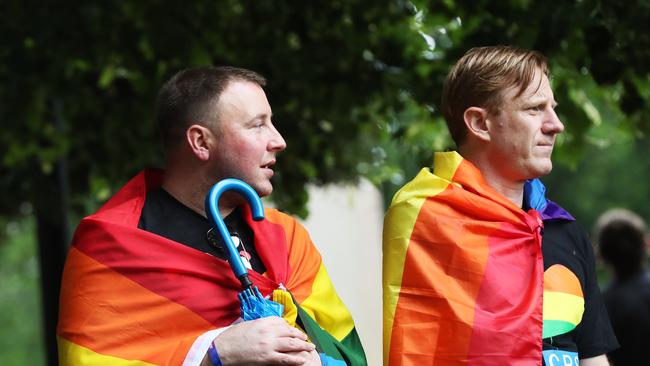 Josh Dolega on right and Josh Johnson partners of 13 years of Hobart. TasPride Festival parade 2018. Picture: NIKKI DAVIS-JONES