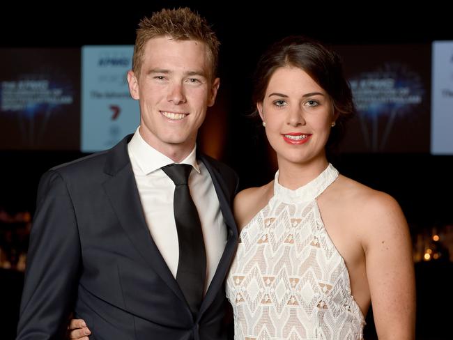 25/11/15 - Advertiser and Channel 7 sports wards and SA Hall of Fame Red carpet at the Convention Centre - Cyclist Rohan Dennis with partner Melissa Hoskins. Photo Naomi Jellicoe