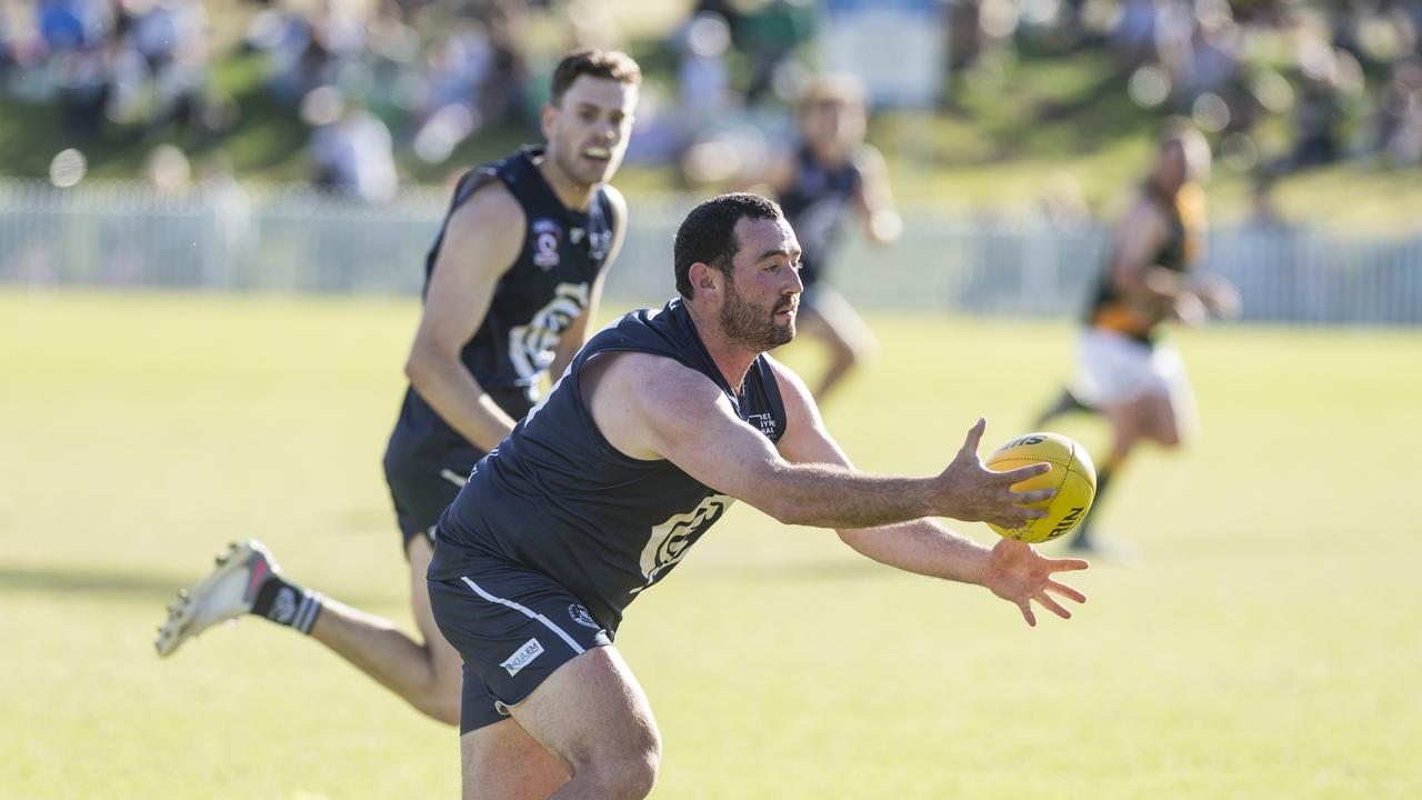 Adam Green of Coolaroo against Goondiwindi Hawks in AFL Darling Downs Allied Cup senior men grand final at Rockville Park, Saturday, September 2, 2023. Picture: Kevin Farmer