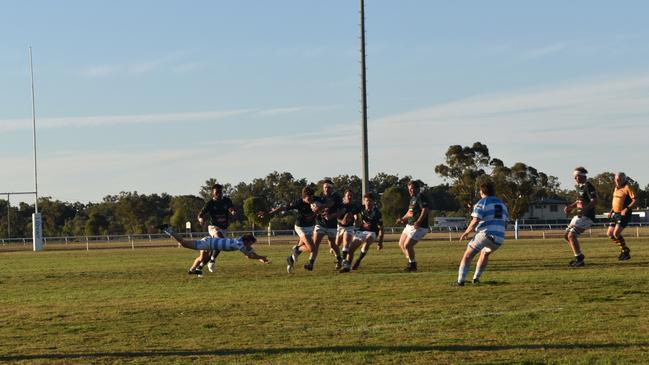 Spectators cheer on as they watch the A Grade Roma vs Condamine match at the Roma Rugby Races at Bassett Park. Picture: Chloe Cufflin.