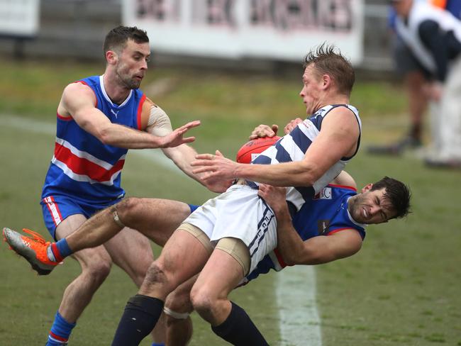 Ewen ‘Frankie’ McKenzie is brought down in a tackle. Picture: Stuart Milligan