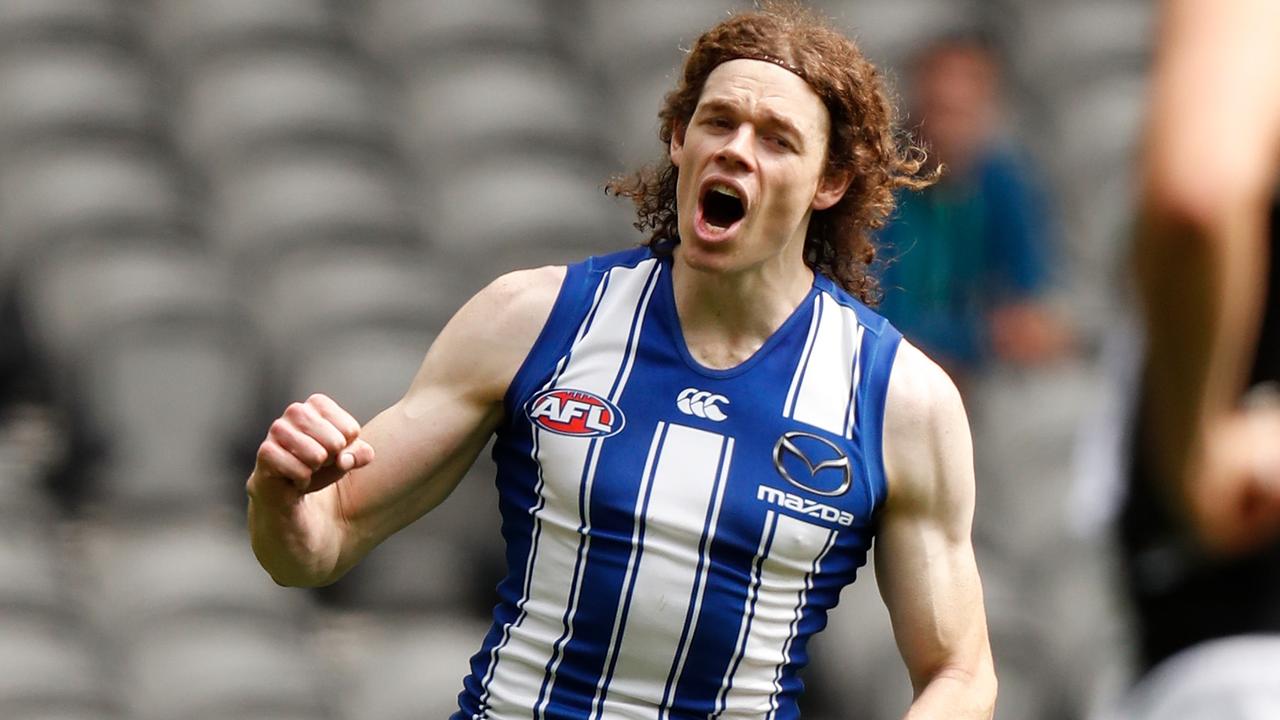 Ben Brown celebrates a Round 1 goal for the Roos. Picture: Getty Images