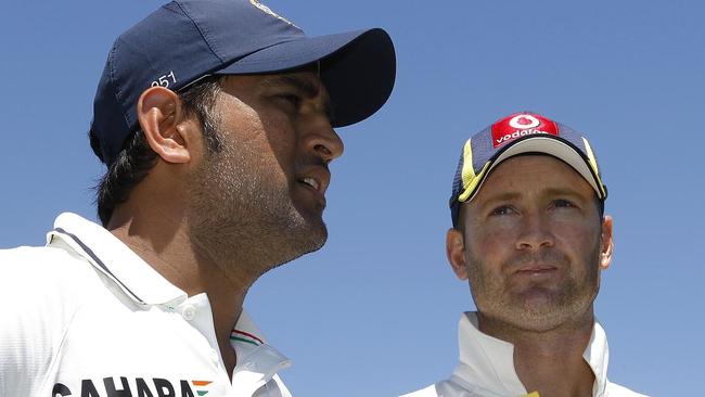  India's Captains MS Dhoni,(L), and Australian counterpart Michael Clarke chat after Australia won the 3rd Australia v India ...