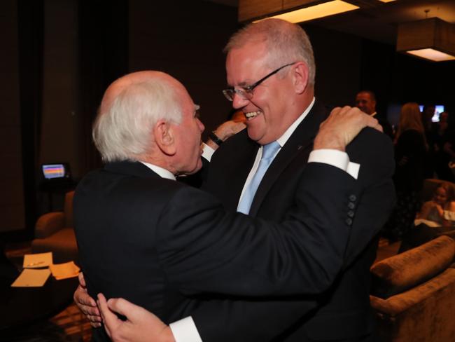 Former PM John Howard congratulates Scott Morrison on his election win. Picture: Adam Taylor