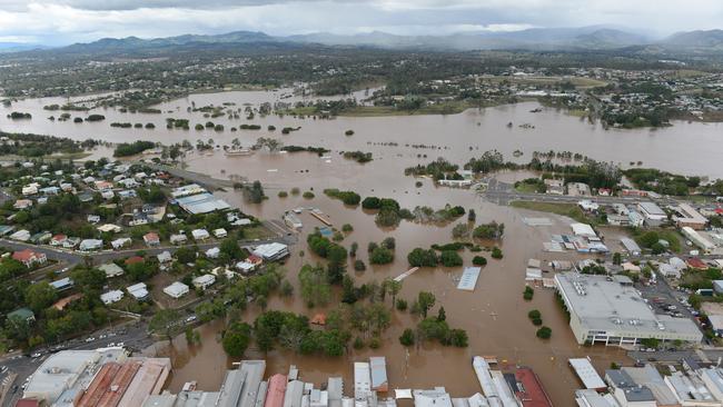 With the flood at its peak, Mary St is in the foreground looking west over Memorial and Albert Parks to the Mary River. 2013 aerial flood pictures of Gympie. Photo Craig Warhurst / The Gympie Times