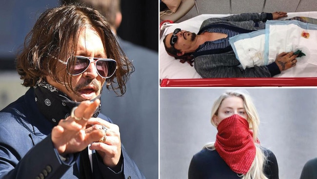 Johnny Depp outside court, left; on a gurney with a severed finger in picture tendered to court by his legal team, top right; and Depp's ex, actress Amber Heard, arriving at court with a covering on her face to protect against COVID-19. Pictures: AFP/Supplied/AFP