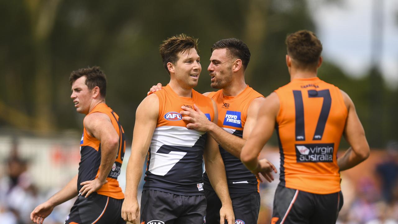 Toby Greene celebrates a goal in Wagga Wagga on Sunday.