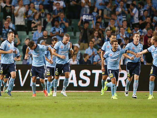 Sydney FC celebrate Filip Holosko’s goal.