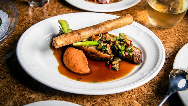 Duck season: Macedon duck with bastilla cigar and muhammara. Picture: Nicole Cleary