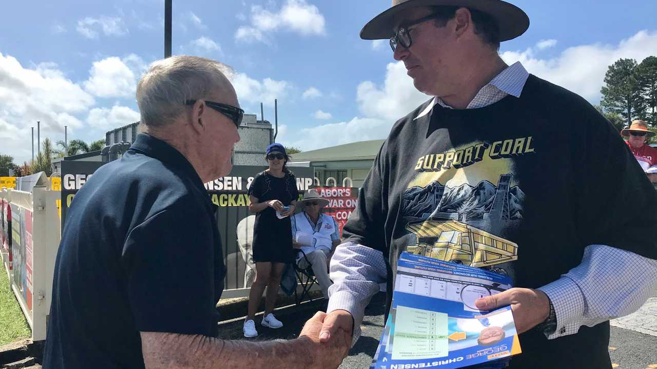 Member for Dawson George Christensen meets with voters at the Fitzgerald State School polling station. Picture: Angela Seng