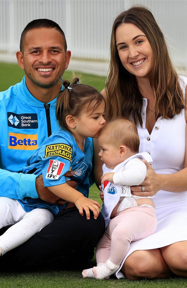 Usman Khawaja with daughters Aisha and Ayla, and wife Rachel. Picture: Adam Head