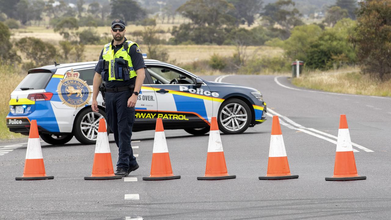 Fatal crash, Tasman Highway, Orielton. Police roadblock at the corner of Brinktop Road and the Tasman Highway. Picture: Chris Kidd